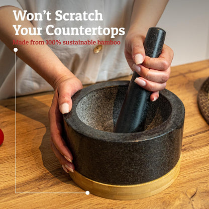 PriorityChef Heavy Duty Mortar and Pestle Set with Bamboo Base, 100% Natural Granite Stone Grinder, Guacamole Bowl and Masher, 1.5 Cups, Black