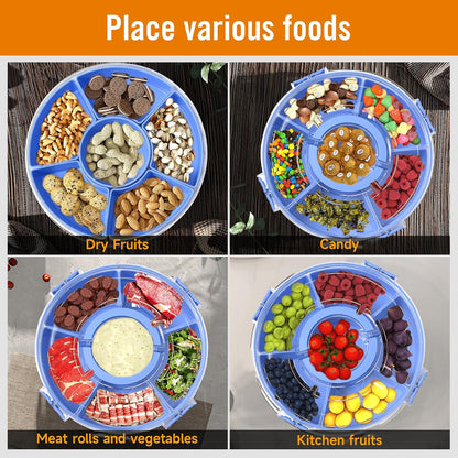 Dishwasher Safety -Divided Rotating Serving Tray with Lid and Handle,Portable Snackle Box for Fruits Snacks Charcuterie,Clear Organizer and Fridge Storage Container,Veggie Platters for Adults Child