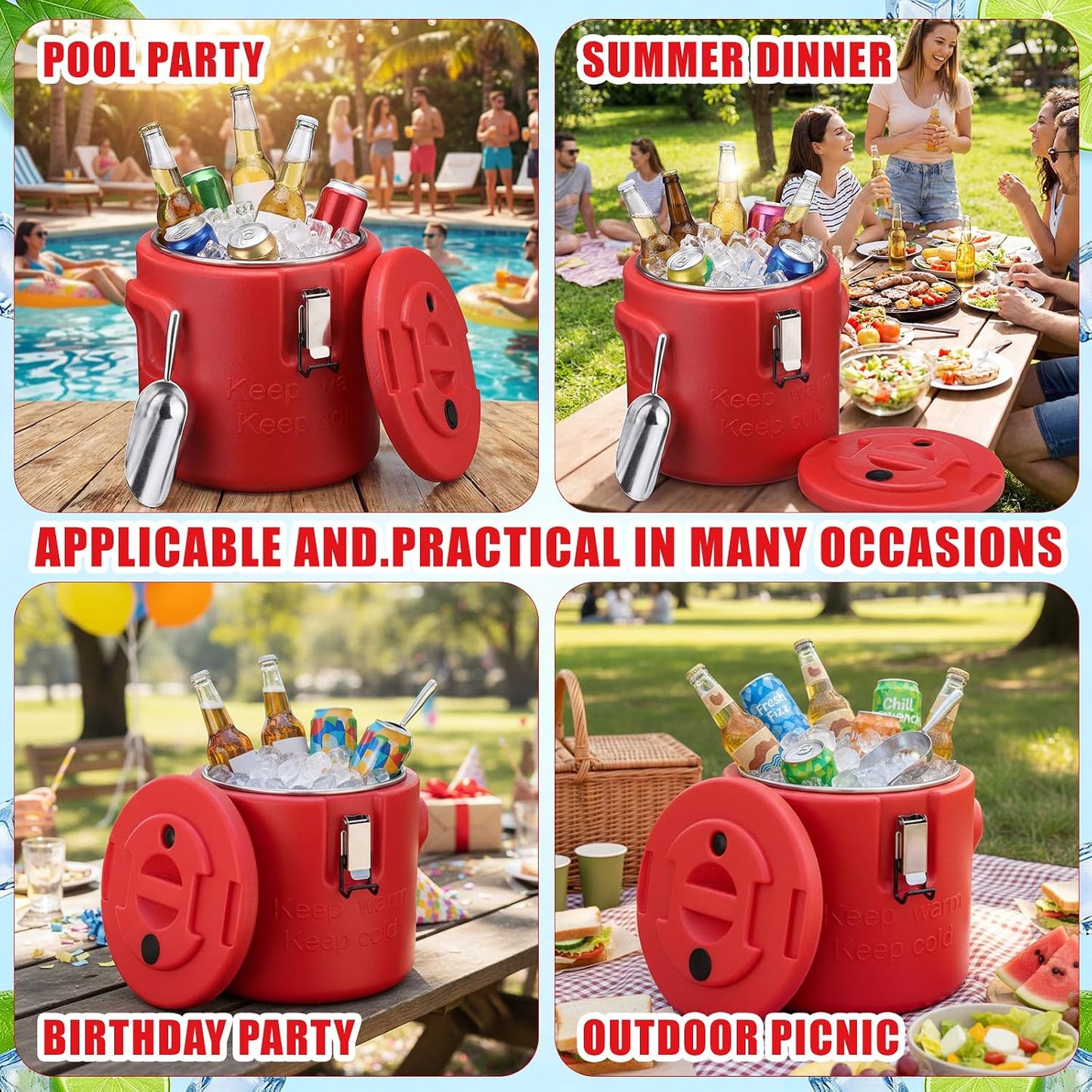 meekoo 10L Large Insulated Ice Bucket for Parties, Double-wall Beverage Bucket with Lid & Scoop, Keeps Champagne, Wine, Beer Chill for Parties Stainless Steel Ice Buckets for Summer Beach Party