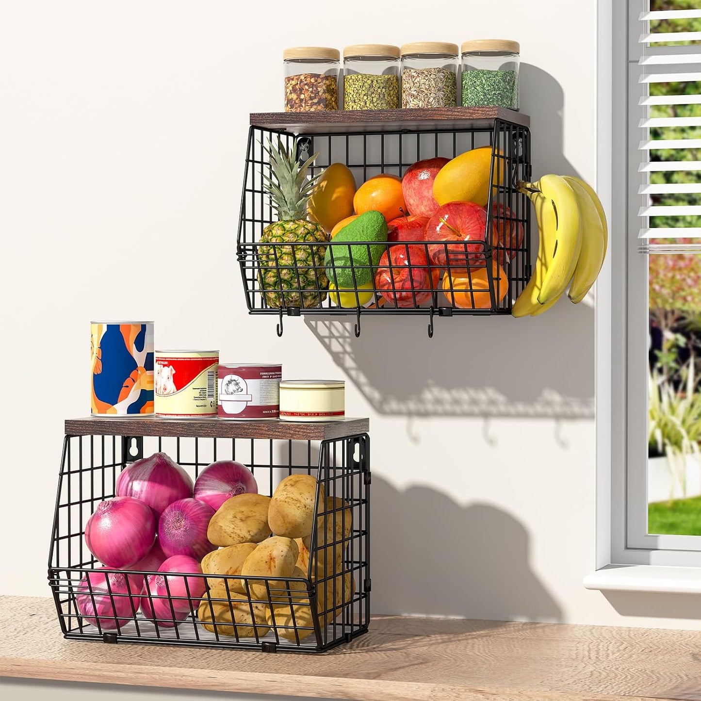 White Fruit Bowl Wire Basket Storage Pantry Fruit and Vegetable Storage Fruit Basket for Kitchen Counter Stackable Wall Mounted Hanging Basket Wire Basket with Wood Lid with Hanger Hooks