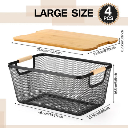 Geelin 4 Pcs Metal Wire Basket with Wooden Handles and Bamboo Lids 12.2 x 8.27 x 5.51 Mesh Steel Basket Stackable Storage Bins Organizer Containers for Vegetables Fruit Home Cabinet Pantry(White)