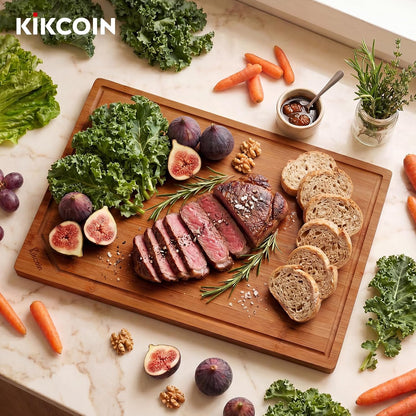 Kikcoin 17"×11" Bamboo Cutting Boards for Kitchen, Knife-Friendly Food Grade Wooden Cutting Boards for Kitchen, Charcuterie, Extra Large Chopping Boards with Deep Juice Groove, Reversible, Natural