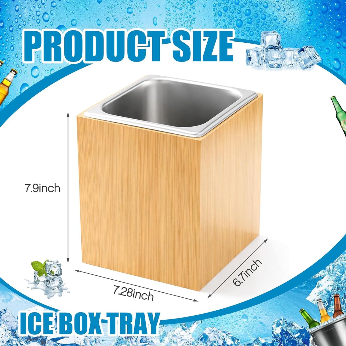 Honeydak Large Ice Housing Bin with Removable Tray Ice Holder Container Wine Beer Champagne Drink Bucket Beverage Tub for Freezer Display Buffet Counter Party Chiller (Bamboo and Steel)