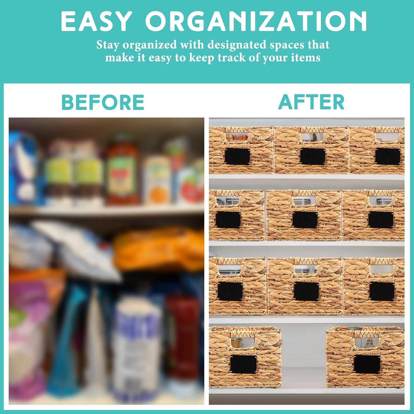 Nitial 8 Pcs Wicker Storage Basket, Rectangular Water Hyacinth Storage Basket for Shelving, Foldable Woven Pantry Organizer with Chalkboard Label and Chalk Marker (Natural,12 x 9 x 5 Inch)