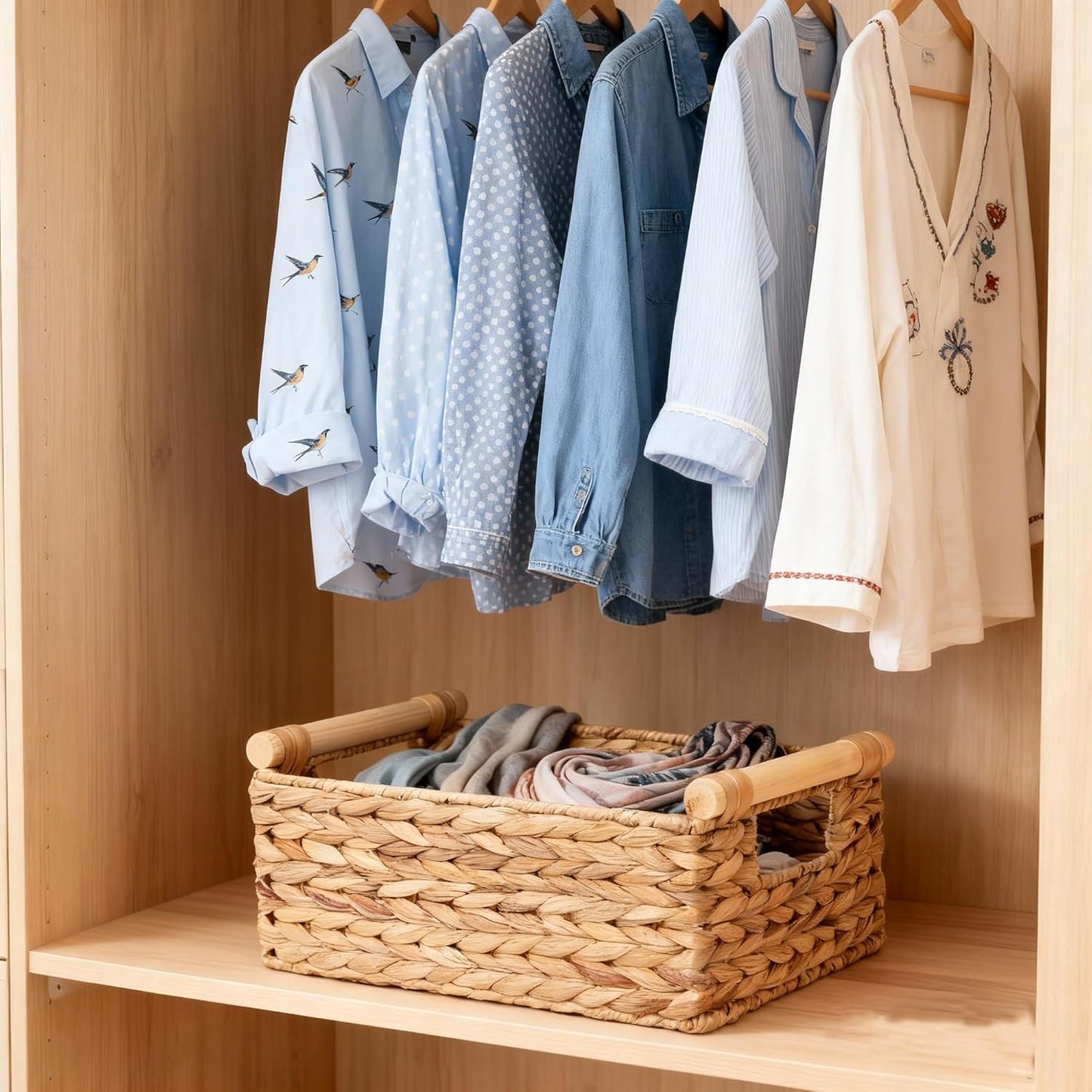 Water Hyacinth Wicker Storage Basket, Rectangular Handwoven Shelf Organizer with Wooden Handles for Pantry & Closet (Medium)