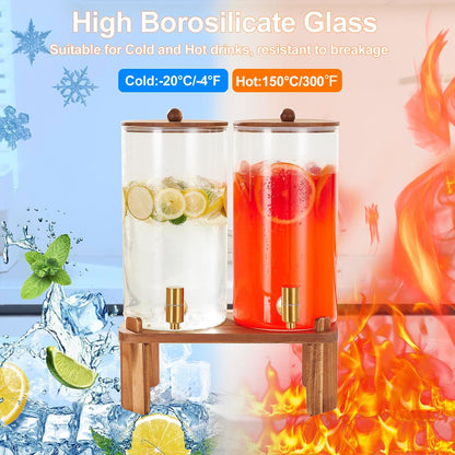 2 PCS 1.5 Gallon Drink dispenser, Glass Beverage Dispenser With Wood Stand, Large Water Drink Dispensers for Parties With Stainless Steel Spigot, Ideal for Lemonade,Juice, Tea, and Party Drinks