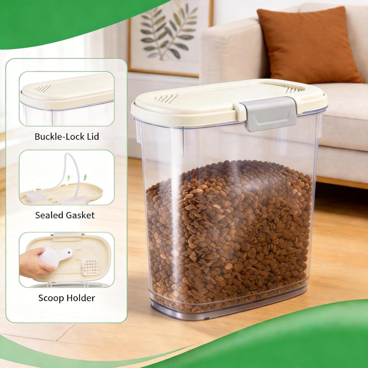 10-15 Lbs Dog Food Storage Container Airtight - Slim Pet Cat Food Container with Lid, Scoop and Cup - Clear Plastic Dry Food Storage Bin for Dogs, Cats, Bird Seeds, Kibble, Pellets, Rice, Flour