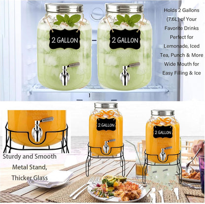 2 Gallon Glass Beverage/Drink Dispenser with Stand, Lid & Ice Core | Leakproof 18/8 Stainless Steel Spigot | Mason Jar Style for Party, Iced Tea, Outdoor & Home