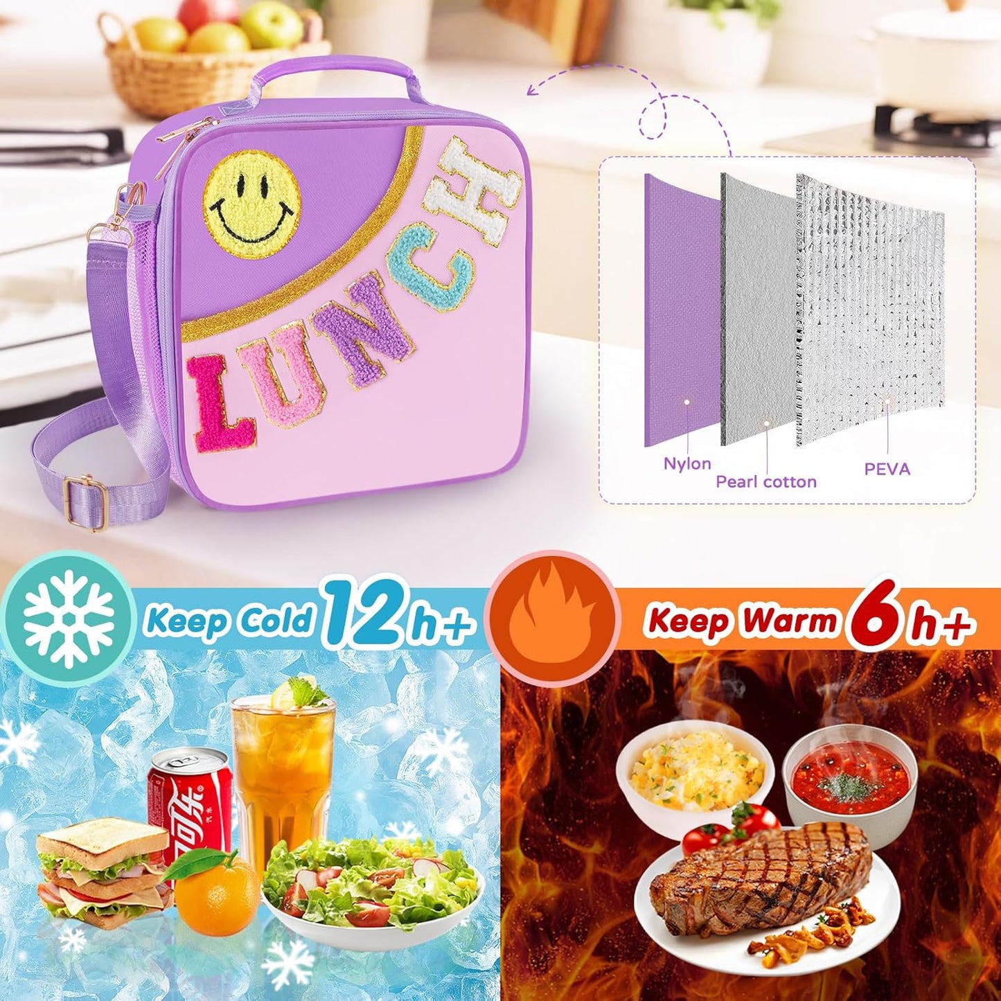 Nsrzua Lunch Bag Kids-Kids Insulated Lunch Bag with Adjustable Strap - Reusable Leakproof Lunch Box for Girls, Preppy School Lunch Tote for Travel, Picnic,School & Winter Camp