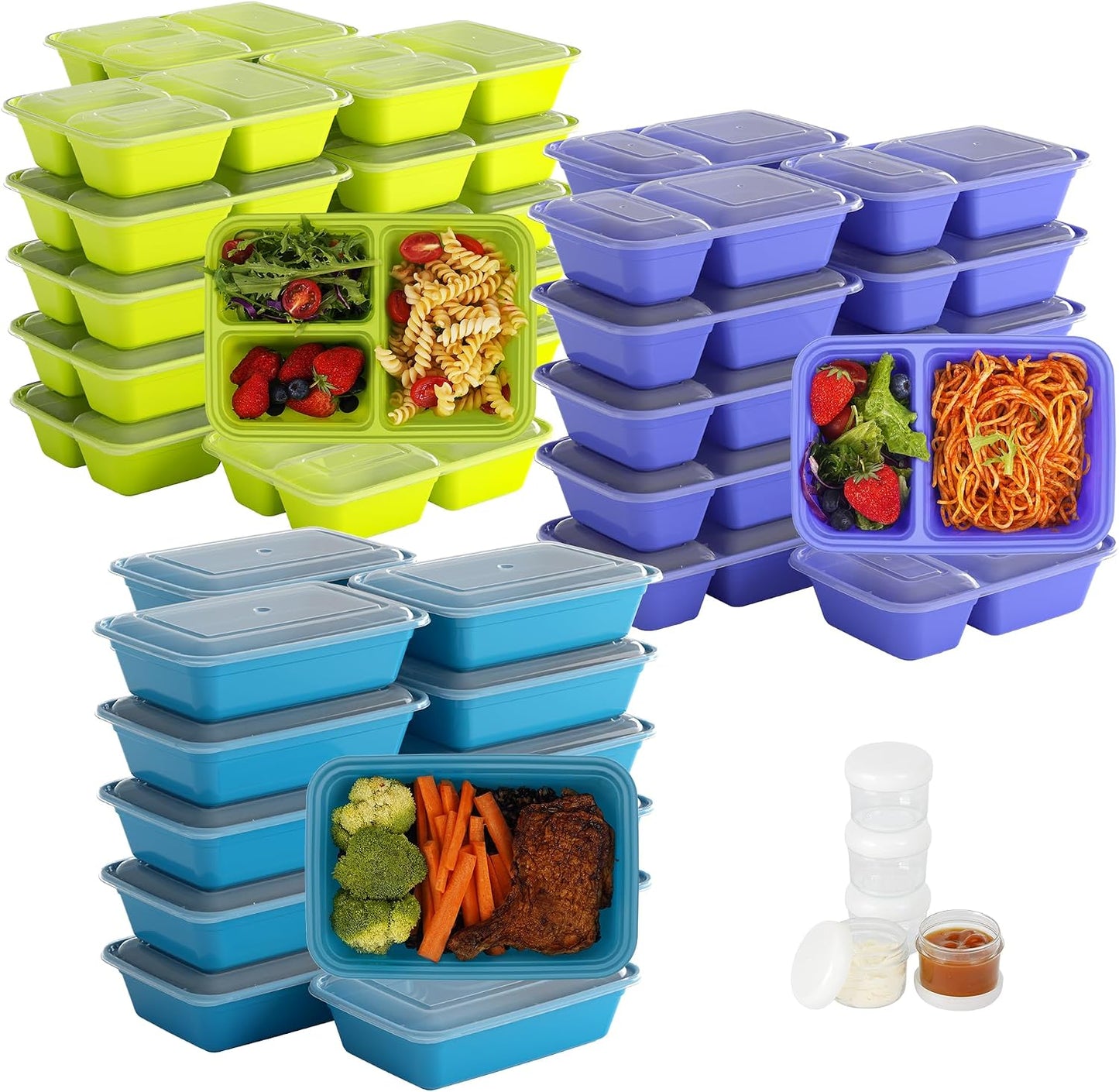 LISI 100-Piece Meal Prep Containers, 33oz Large Food Storage Containers with lids with 1, 2, 3-Compartment, Freezer Safe To-Go/Take-Out Boxes, Includes 5-Pack 2oz Dressing Cups for Take Out