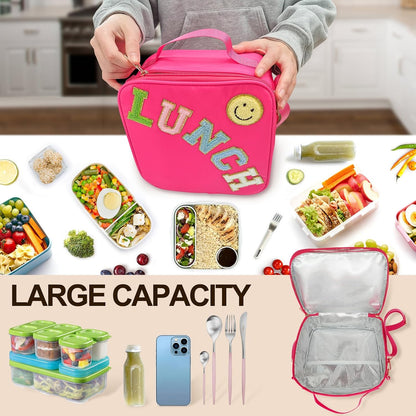 Insulated Lunch Bag With Adjustable Shoulder Strap, Nylon Preppy Lunch Box Large Insulated Lunch Bag Reusable Lunch Tote Bag with Smiley Preppy LunchBag for Girls School Travel Picnic (Green)