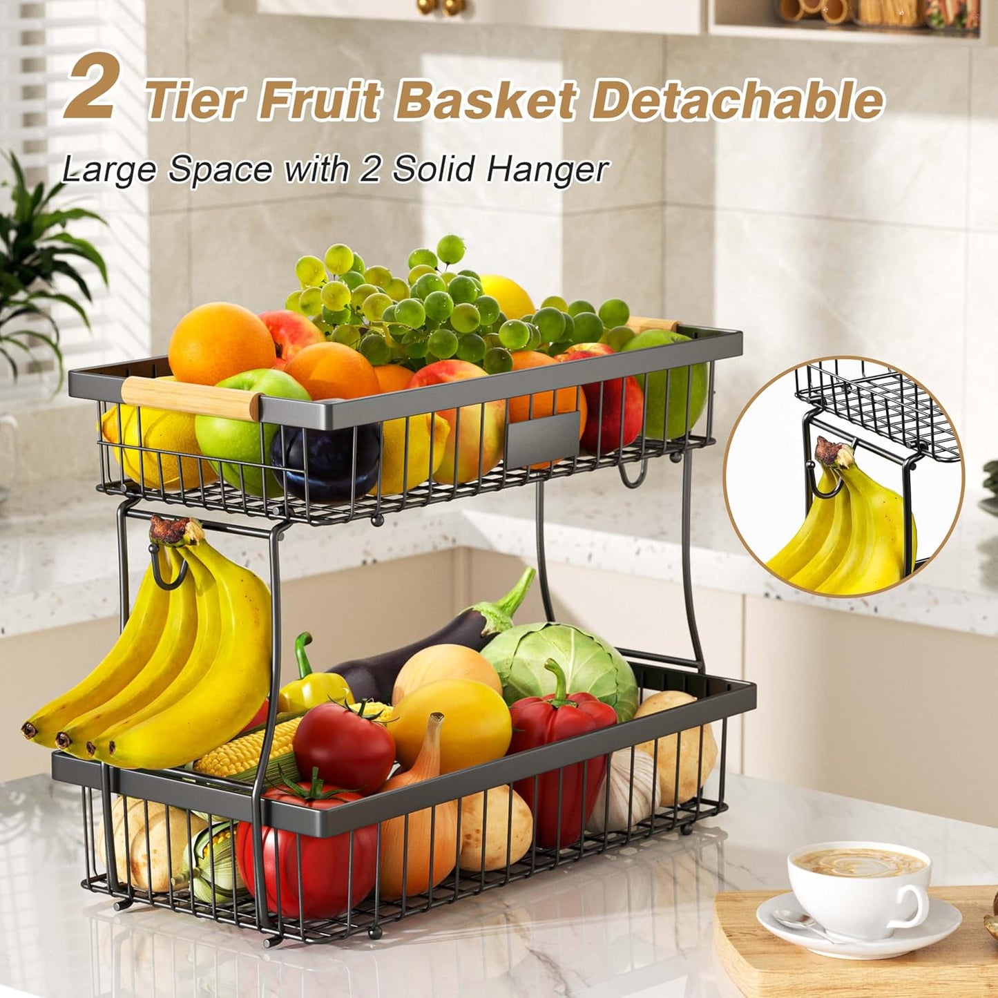 3 Tier Fruit Basket with 2 Banana Hangers for Kitchen Counter | 3-Tier Detachable Design,Metal Wire Construction, Wooden Handle, Large Capacity, Multi-Purpose Organizer,Mesh Basket