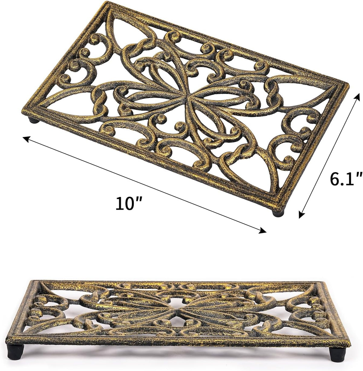 Sungmor 2 Pack Gold Cast Iron Trivets, Rectangle Ornate Scrollwork Trivets