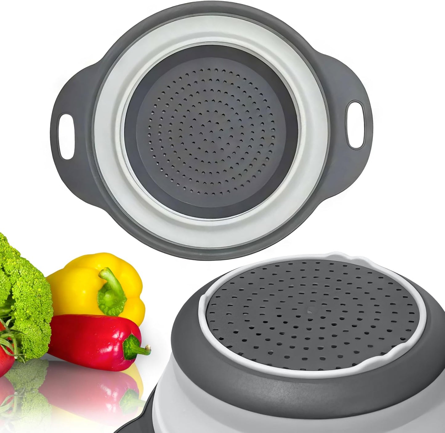 3PCS Green Foldable Kitchen Strainer Set – Silicone Colander Collapsible Strainers and Colanders Green Collander for Kitchen Collapsible Compact Drain Tools for Cooking Prep