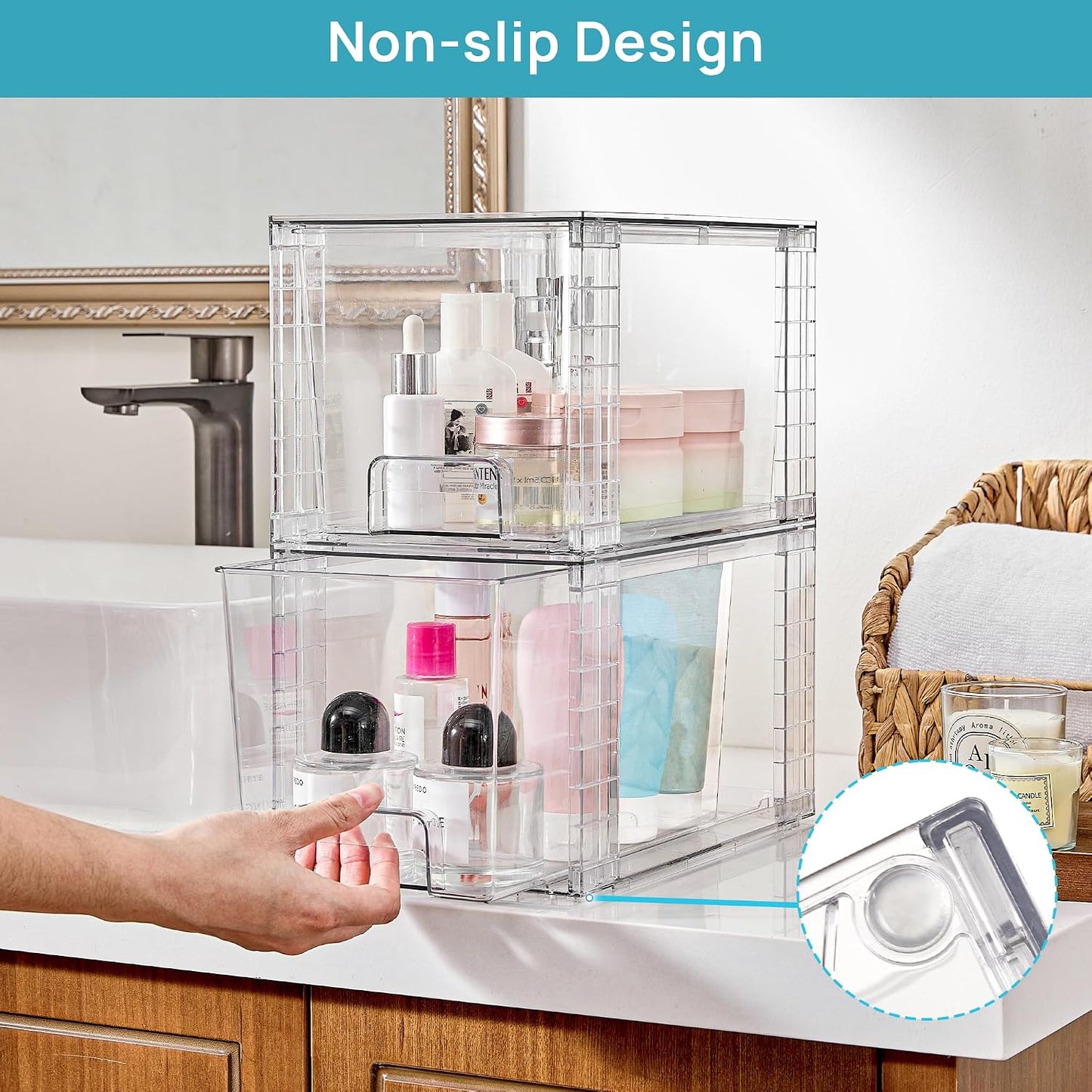 Vtopmart 8 Pack Large Stackable Storage Drawers,Clear Acrylic Drawer Organizers with Handles, Easily Assemble for Fridge, Bathroom,Kitchen Undersink,Cabinet,Pantry Organization and Storage