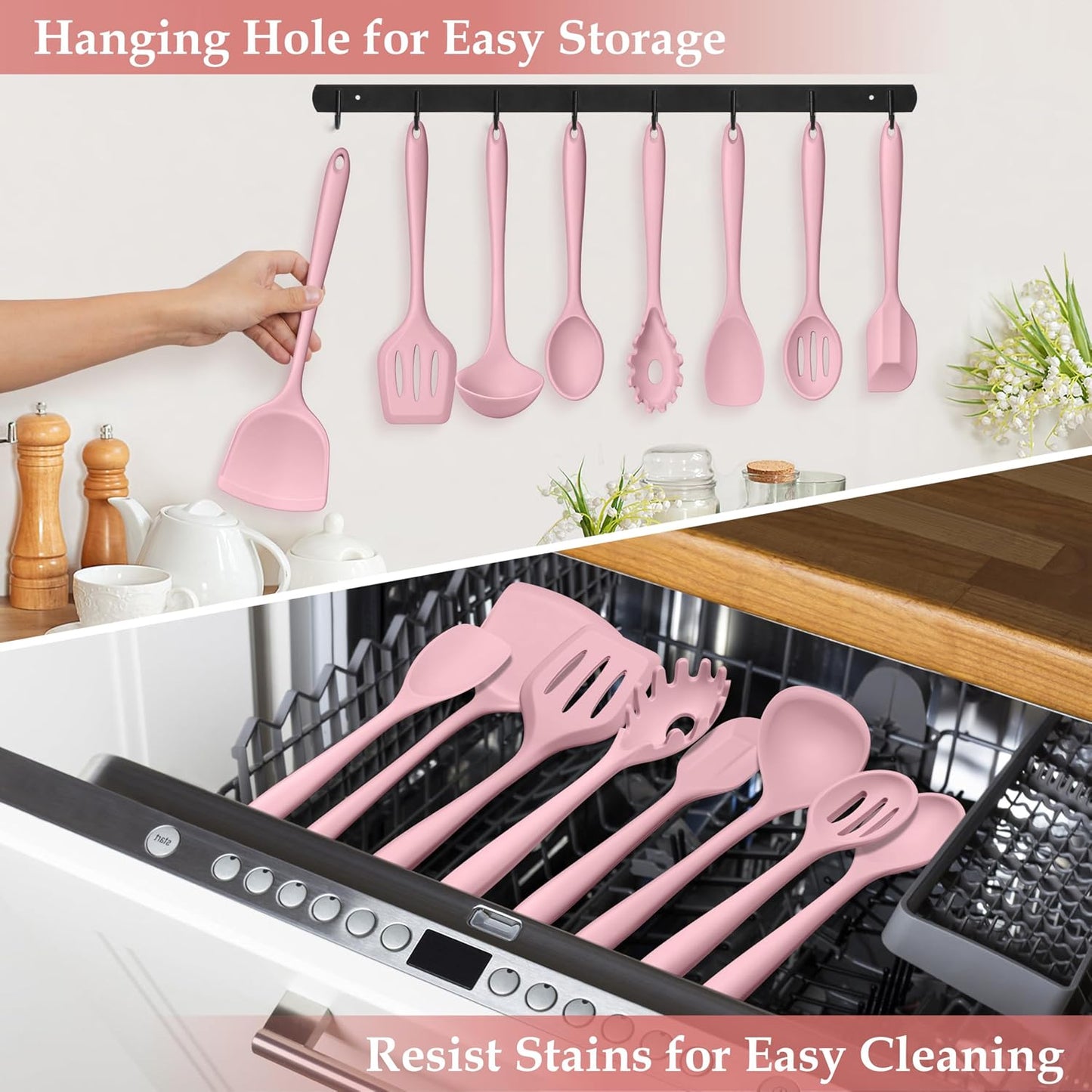 LIANYU Non-Toxic Silicone Kitchen Utensils Set, 8 Piece Non-Scratch Cooking Spoons & Spatulas, Stainless Steel Core, Heat Resistant & Dishwasher Safe, Khaki