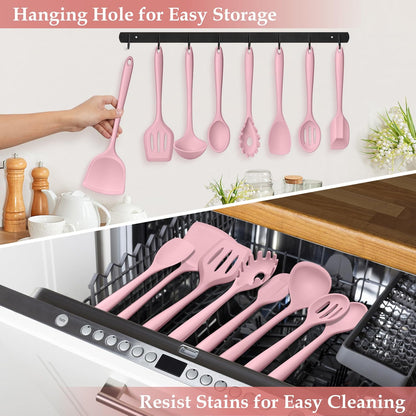 LIANYU Non-Toxic Silicone Kitchen Utensils Set, 8 Piece Non-Scratch Cooking Spoons & Spatulas, Stainless Steel Core, Heat Resistant & Dishwasher Safe, Khaki