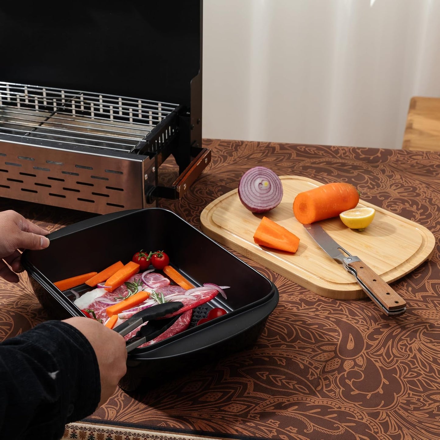 BBQ Tray for Raw Meat Prep and Cooked Food, Grill Prep and Serve Trays, Melamine Serving Trays and Platters for Food, Unbreakable Party Tray, Set of 2, Black and Red