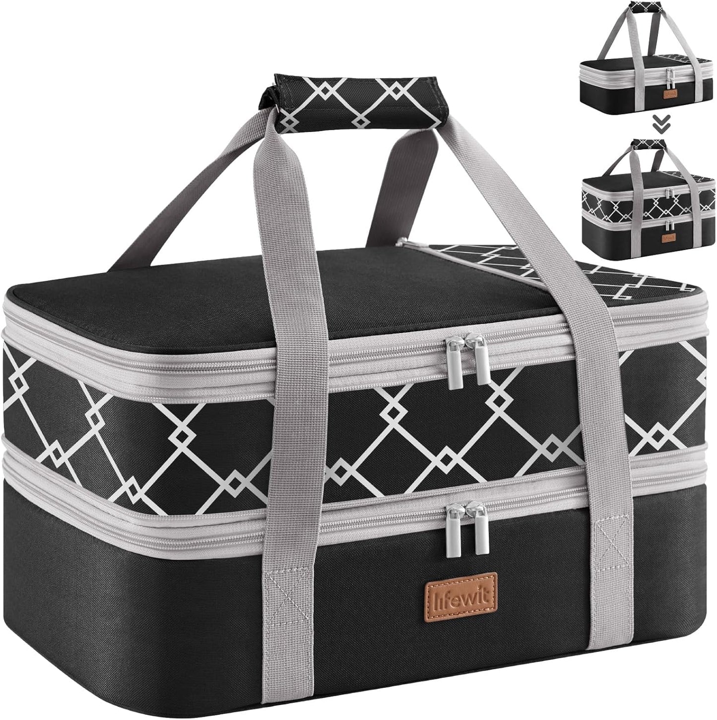 Lifewit Insulated Double Decker Casserole Carrier, Expandable Lasagna Lugger Tote Bag for Hot or Cold Food, Fits 9" x 13" Baking Dish for Potluck Parties, Picnic and Cookouts, Grey-Geometric
