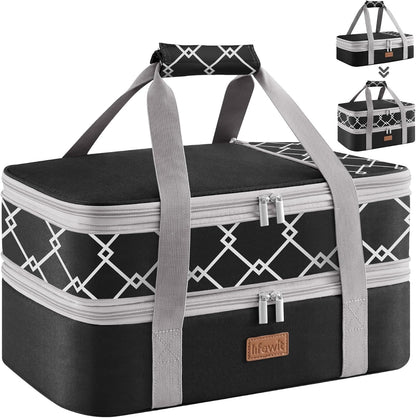 Lifewit Insulated Double Decker Casserole Carrier, Expandable Lasagna Lugger Tote Bag for Hot or Cold Food, Fits 9" x 13" Baking Dish for Potluck Parties, Picnic and Cookouts, Grey-Geometric