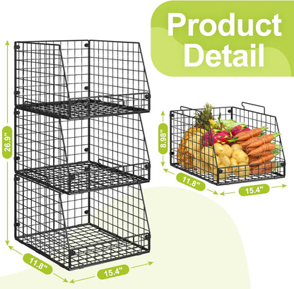 Jakyitvi 4 Pack XXL Stackable Wire Storage Basket, Extra Large Capacity Pantry Organizer and Storage, Muti-Purpose for Vegetable Fruit Basket & Can Organizer & Snack Rack & Metal Pantry Bin