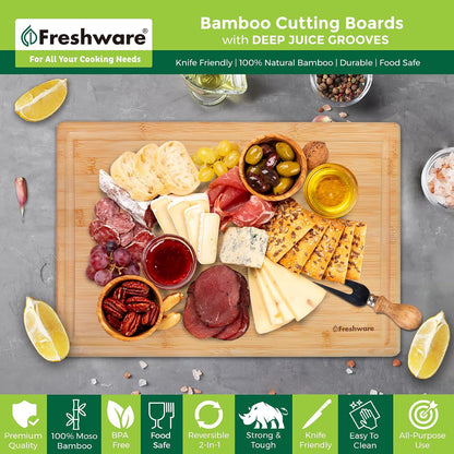 Freshware Wood Cutting Boards for Kitchen - Bamboo Cutting Board Set of 3, Cutting Boards with Juice Grooves, Serving Board Set, Chopping Board for Meat, Veggie, Easy Grip Handle (9x6", 12x8", 15x10")
