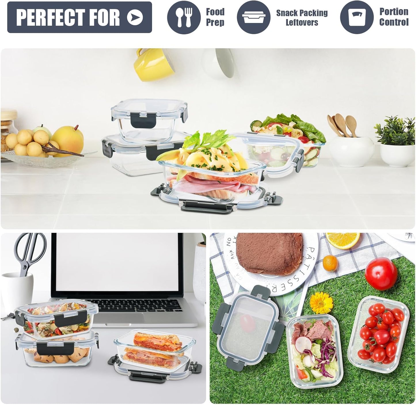 6Pack 22oz Glass Meal Prep Containers, Glass Food Storage Containers Sets with Snap Leak Proof Lids for Microwave, Oven, Freezer and Dishwasher Safe (Grey, 22oz)