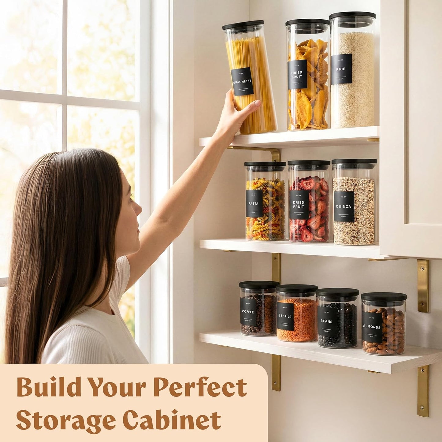 EDELHAUS 2x Large Glass Storage Containers with Airtight Black Lids [135oz/4000ml] | Extra Thick Glass Canisters for Pantry + 63 Labels | Flour Rice Cereal Sugar Coffee Beans Tea
