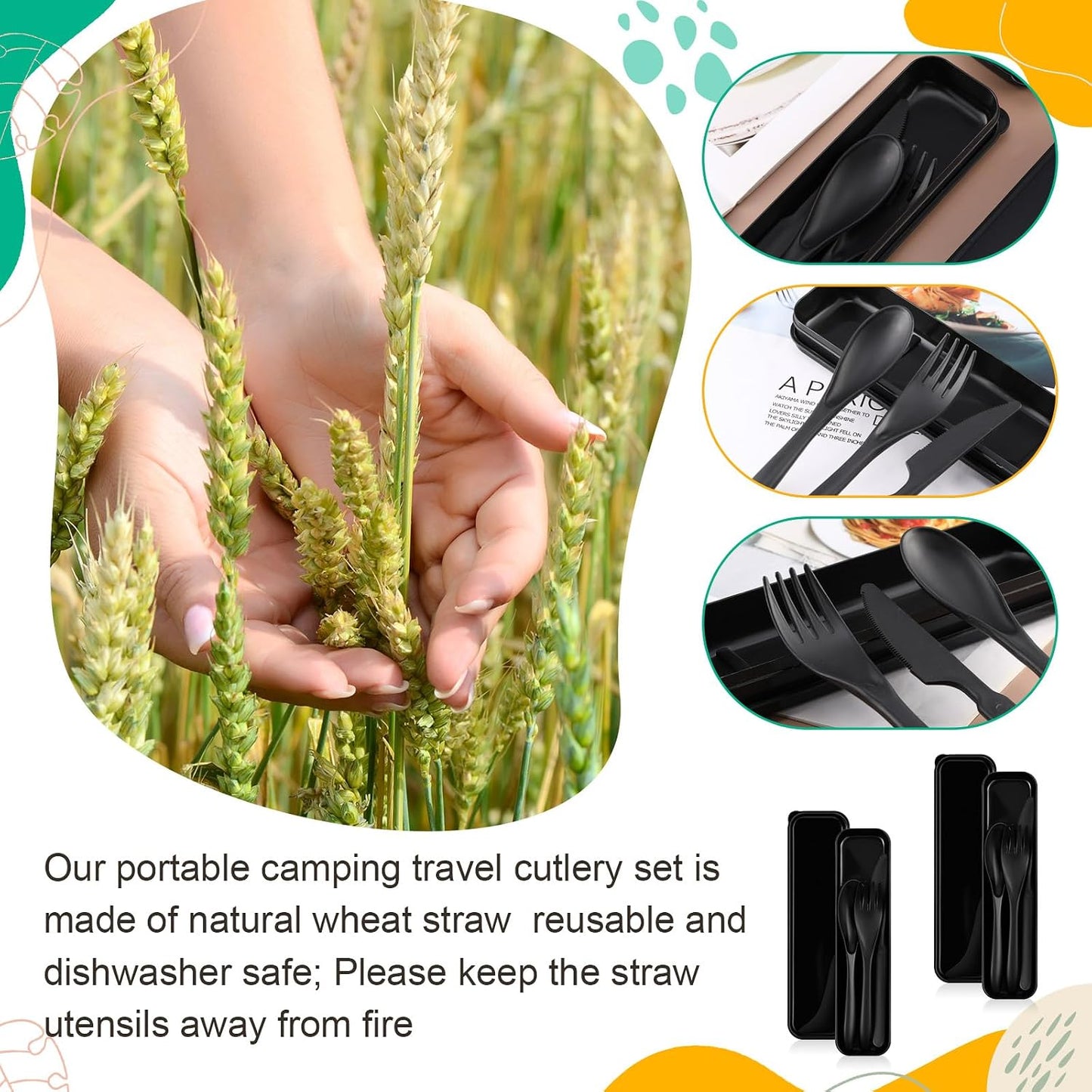 Jinei 50 Sets Reusable Travel Utensils Set with Case Wheat Straw Cutlery Portable Spoon Knife Forks Lunch Box Accessories Friendly Tableware for Kids Adults Camping Utensils(Bright)