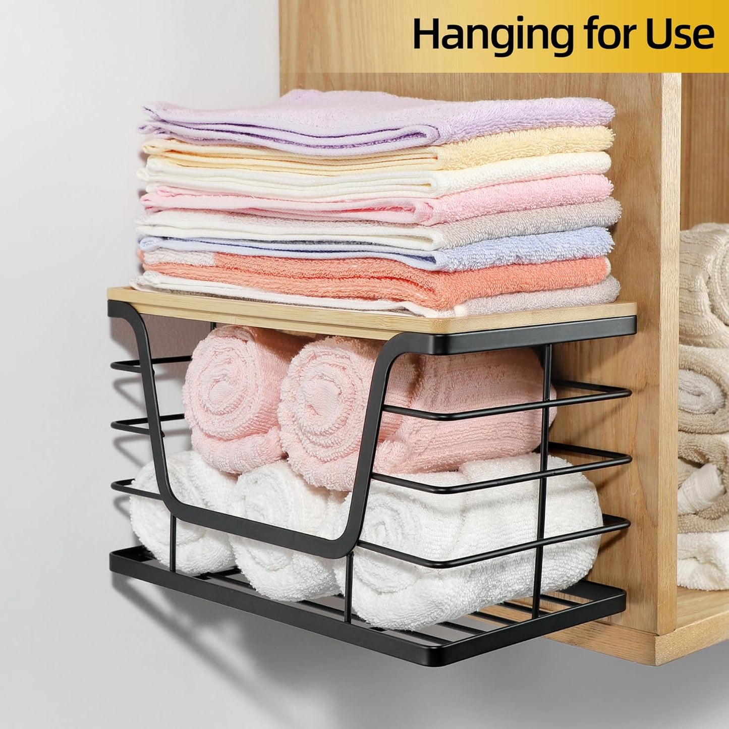 ALOCEO 2 Pack Stackable Wire Storage Basket with Bamboo Lid, Trash Bag Dispenser Under Sink for 4-13 Gal Bags, Kitchen Storage Bins for Potato and Onion, Brown