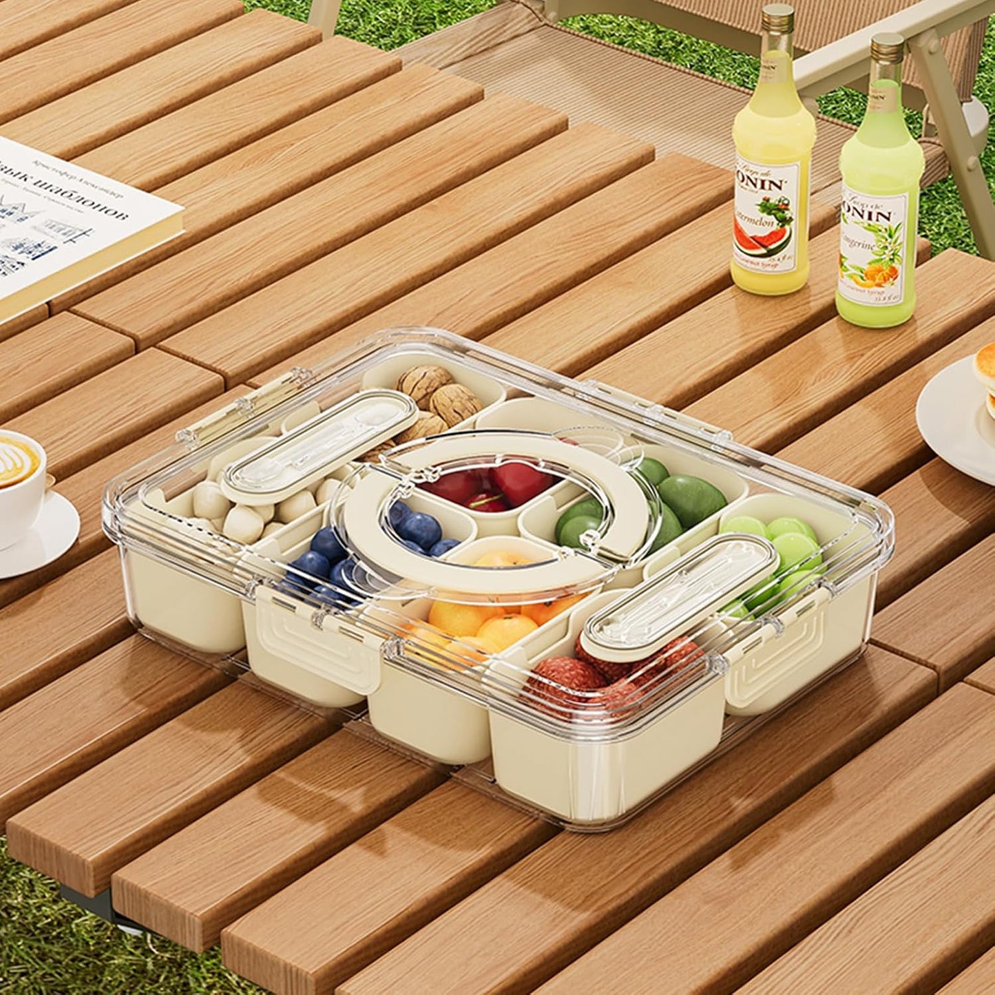 2 Pack Divided Serving Tray with lid and Handle, 8 & 4 Compartments Snackle Box with Utensils, Fridge Food Veggie Condiment Storage, Kitchen Clear Food Container for Picnic, Camping, School