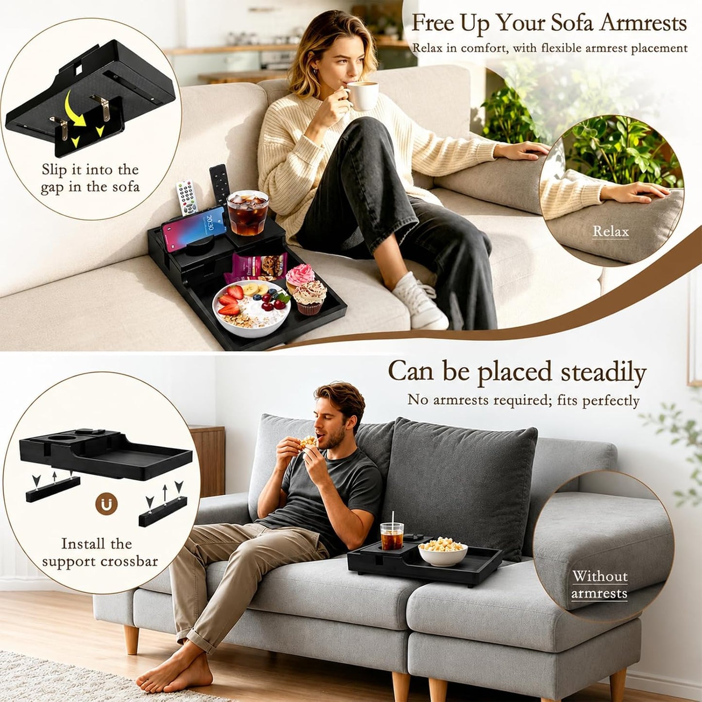 2-in-1 Bamboo Couch Tray – Insert & Flat Sofa Organizer with Anti-Slip Base,360° Rotating Phone Holder,Cup Holder, 15.3x9.8 in, Fit Seat Gaps or Armless,Sectional Sofa