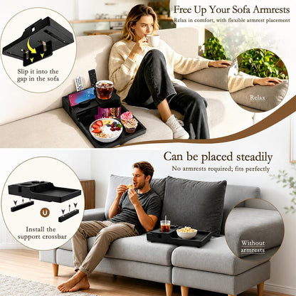 2-in-1 Bamboo Couch Tray – Insert & Flat Sofa Organizer with Anti-Slip Base,360° Rotating Phone Holder,Cup Holder, 15.3x9.8 in, Fit Seat Gaps or Armless,Sectional Sofa