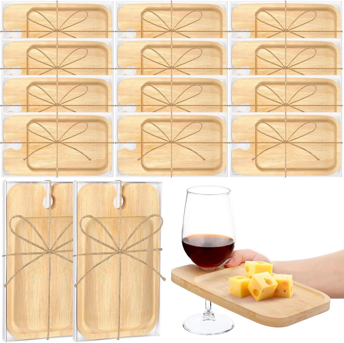 Menkxi 12 Set Wine Appetizer Plates Mini Charcuterie Boards with Wine Glass Holder and Box Gifts for Bridal Shower Game Prizes Wooden Cocktail Cheese Plate for Guests Baby Shower(Heart,Light Color)