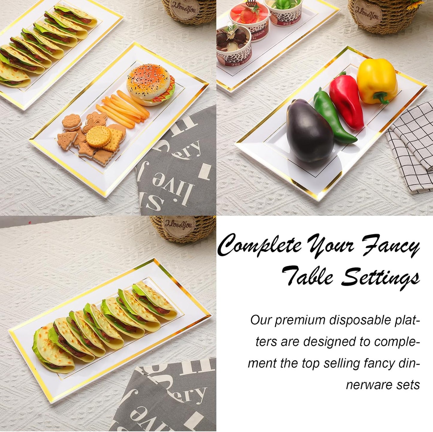 Uiifan 30 Pcs Plastic Serving Tray Bulk White Gold Rim Elegant Rectangle Disposable Plastic Dessert Table Display Set Serving Trays Platter for Weddings Birthday Party Food Fruit Dessert 8 x 13 Inch