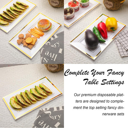 Uiifan 30 Pcs Plastic Serving Tray Bulk White Gold Rim Elegant Rectangle Disposable Plastic Dessert Table Display Set Serving Trays Platter for Weddings Birthday Party Food Fruit Dessert 8 x 13 Inch