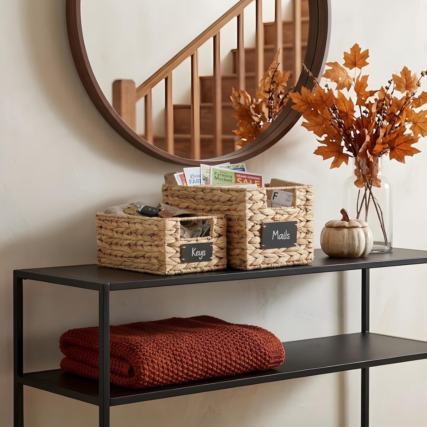 DECOMOMO Wicker Storage Baskets, Handwoven Pantry Baskets, Water Hyacinth Storage Baskets w/Chalkboard and Marker (Natural, Set of 2)