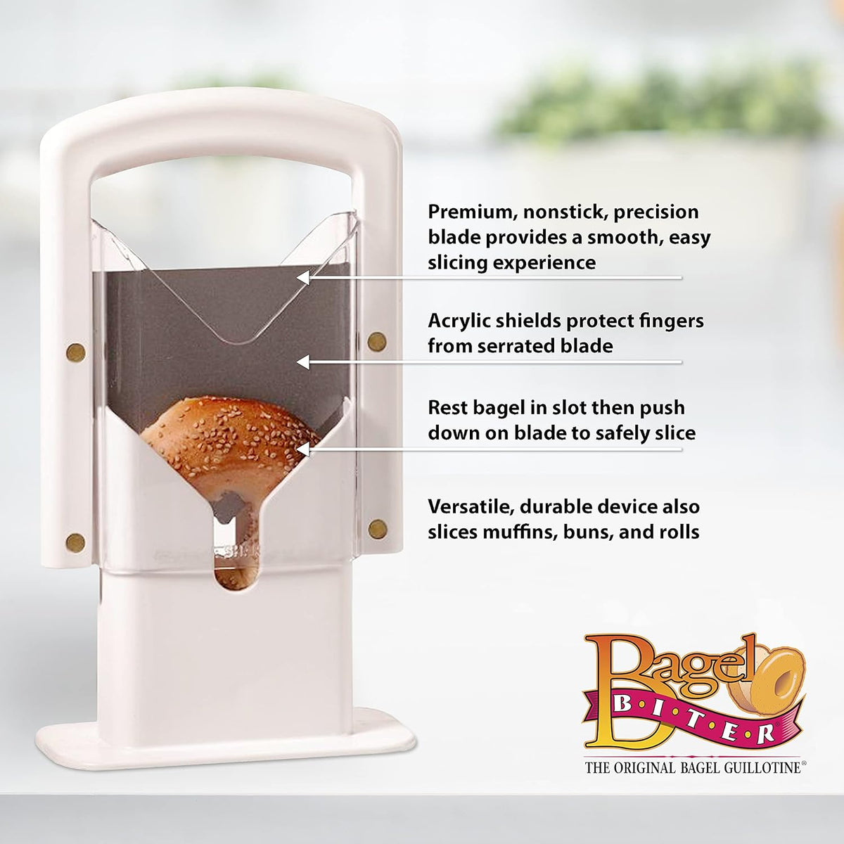 Hoan Bagel Biter Bagel Slicer and Cutter with Safety Shields - Guillotine Style Bagel Cutter Slicer for Large and Small Bagels, English Muffins, Buns, and Rolls - Compact, Dishwasher Safe
