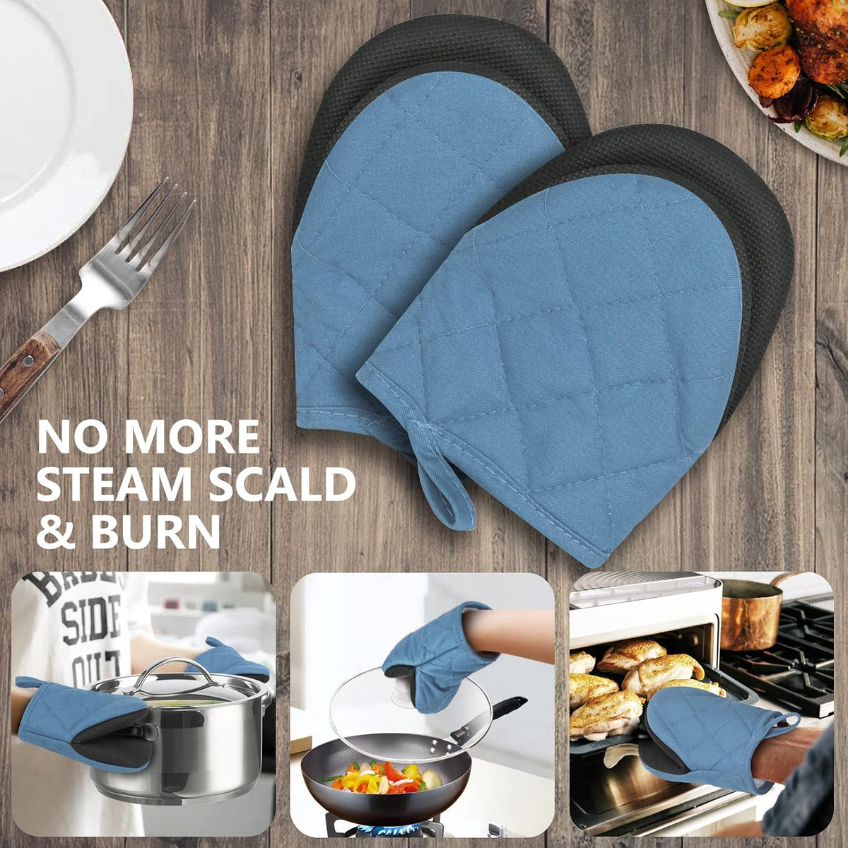 1 Pair Short Oven Mitts - Silicone Kitchen Oven Gloves High Heat Resistant 500℉, Mini Oven Mits with Non-Slip Grip Surfaces and Hanging Loop for BBQ, Baking, Cooking and Grilling (Black)