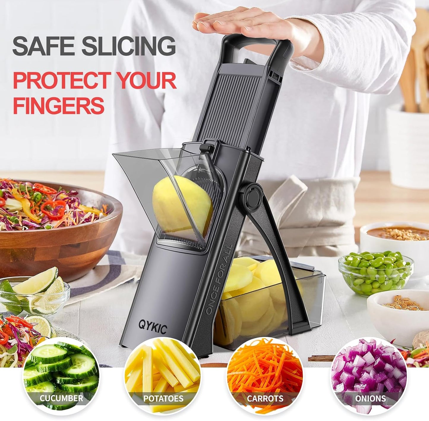 8 in 1 Mandoline Slicer for Kitchen, Vegetable Chopper, Potato Slicer, Fry Cutter Onion Chopper with Drain Basket Food Container with Lid, Stainless Steel Cheese Grater for Quick Meal Pre (Black)