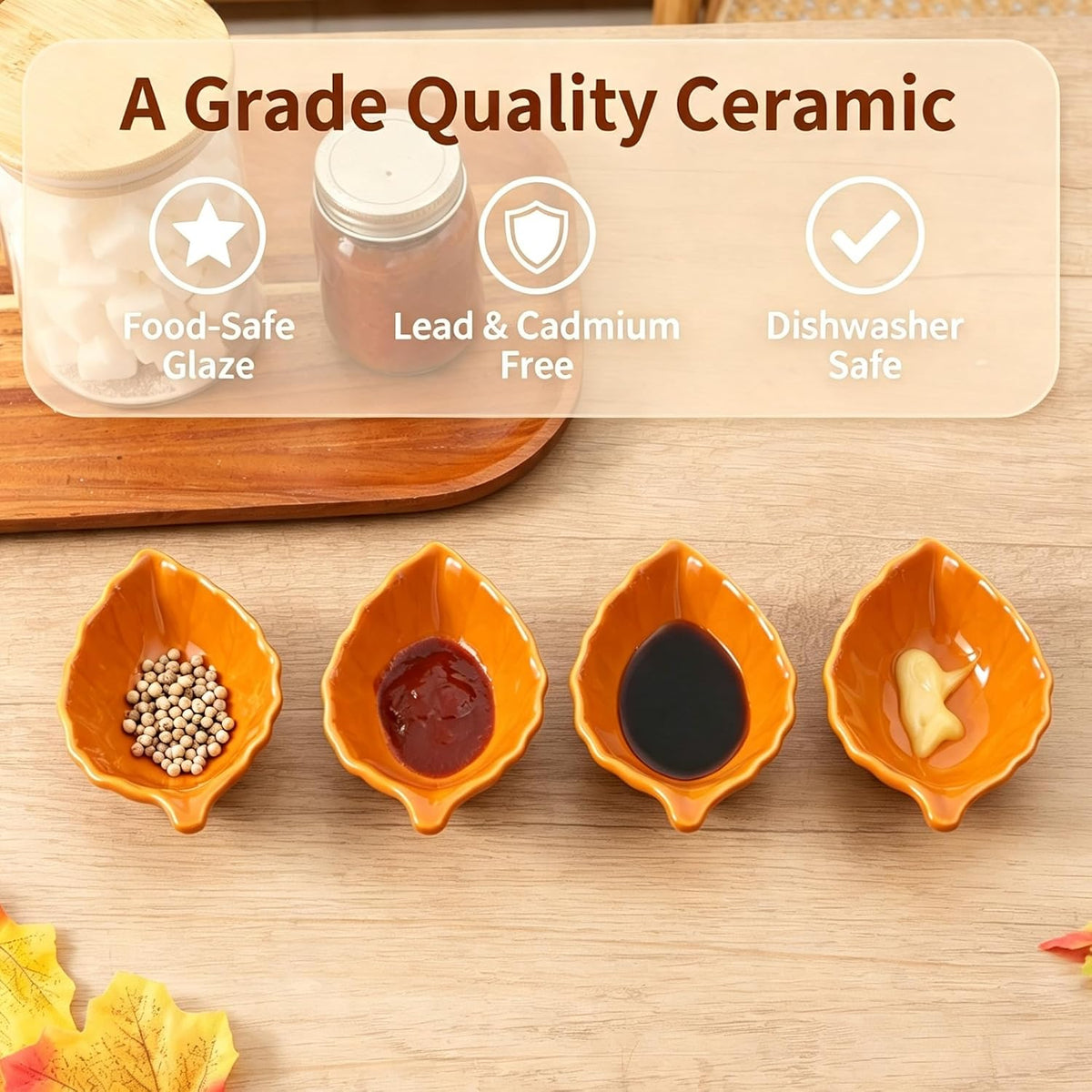 Ceramic Soy Sauce Dishes, Green Leaf Shape Dipping Bowls, 1.5OZ