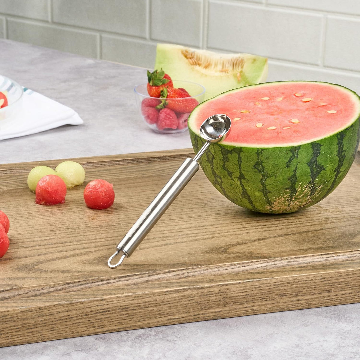 Restaurantware Stainless Steel Melon Baller - German Standard Fruit Scooper, Ergonomic Grip, Dishwasher Safe - Fruit Baller For Watermelon, Cantaloupe, Butter, DIY Fruit Platter
