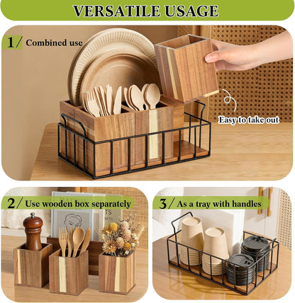Silverware Holder for Party, Acacia Utensil Holder with 4 Removable Compartments for Countertop, Silverware Caddy Flatware Organizer Box for Utensil Spoons Forks Plate Napkin, Detachable Sevring Caddy