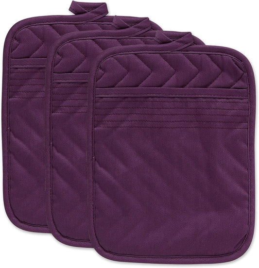 DII Heat Resistant Quilted Cotton Pot Holder Set, Designed with Space to Personalize Allowing a Customized Design, 7x9, Eggplant, 3 Count