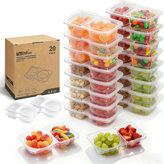 Reusable Snack Containers Compartment with Lids - 20 Sets Snack Containers, Double Snackle Box Compartment Condiment Containers, Snack Box for Sauce and Snacks