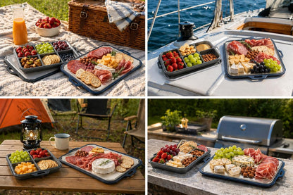 Multi-Purpose Serving and Entertaining Tray with Foldable Silicone Lid and Divided Plates, Stainless Steel Serving Set for Kitchen, Camping, BBQ and Outdoor Events