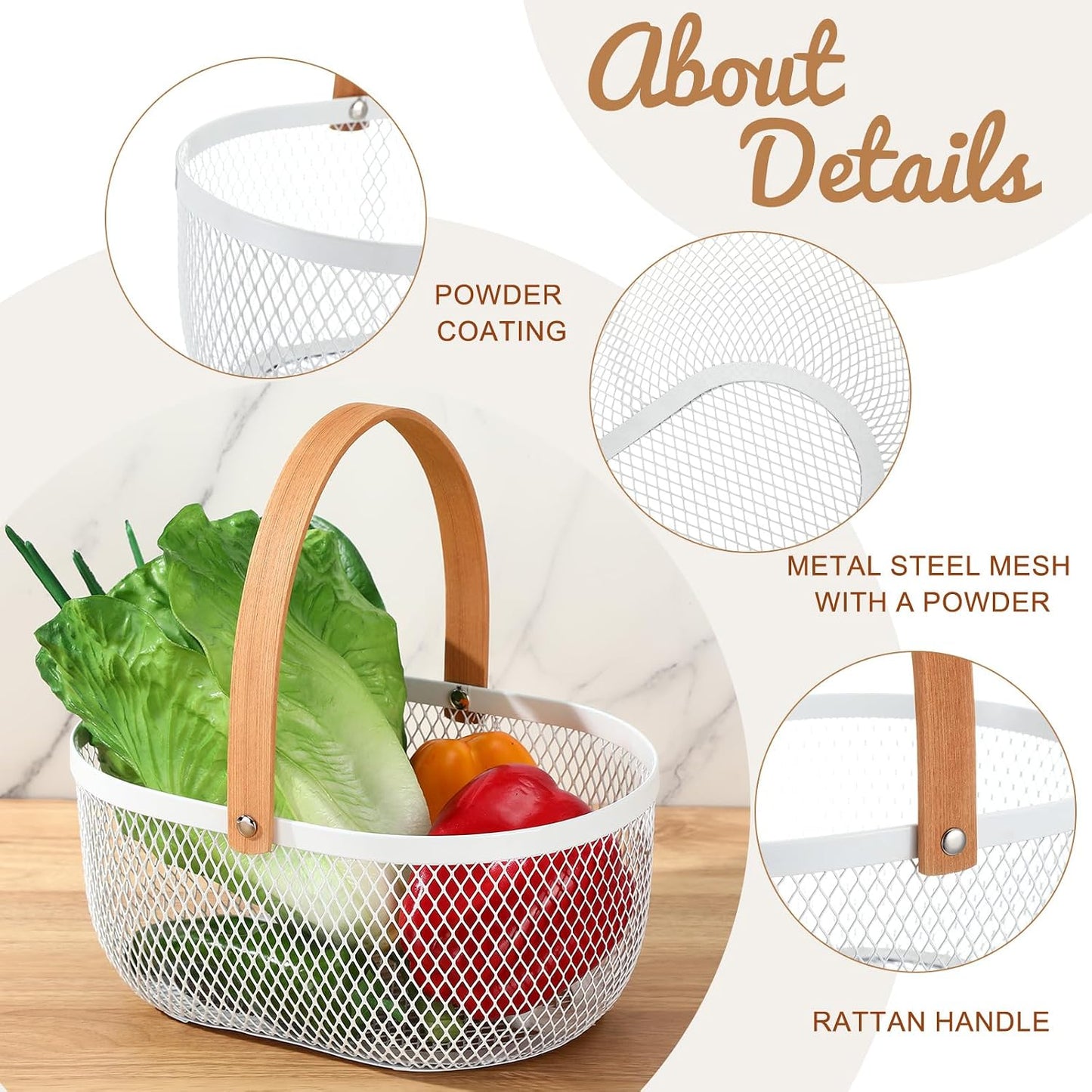 Maxcheck 4 Pcs Oval Metal Wire Storage Basket with Handle for Gathering Vegetables Multi Functional Mesh Basket for Kitchen Bathroom Picnic Home, 10.24 x 7.68 Inch(White)