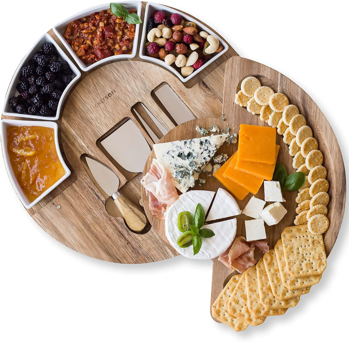 ChefSofi Charcuterie Board Set and Cheese Serving Platter - Made from Bamboo Wood - US Patented 13 inch Cheese Board and Knife Set for Entertaining and Serving - 4 Knives and 4 Bowls