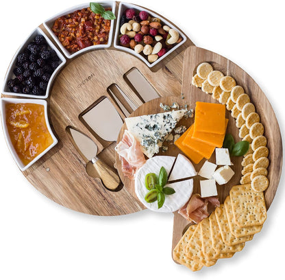 ChefSofi Charcuterie Board Set and Cheese Serving Platter - Made from Bamboo Wood - US Patented 13 inch Cheese Board and Knife Set for Entertaining and Serving - 4 Knives and 4 Bowls