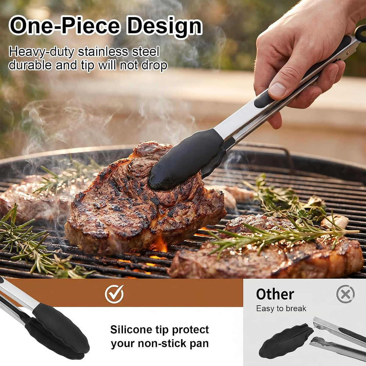 12 Pcs Tongs Set Multiple Sizes 7,9,12 Inches, Rubber Tipped Tongs Stainless Steel & Silicone Heat Resistant for Cooking, Grill, Salad, BBQ, Serving (Black & Silver)